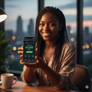 Happy Nigerian user showing survey earnings on mobile phone.