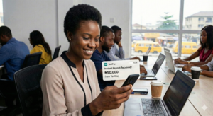 Tester receiving instant payout notification on smartphone.