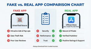 Comparison infographic between fake and real survey apps.