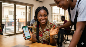 Nigerian product tester giving feedback through Opinion Padi app.