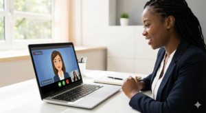 Artificial intelligence chatbot interviewing user online.