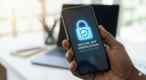 Smartphone showing secure lock symbol for app verification.