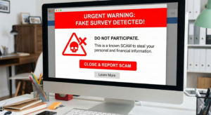 Fake survey warning pop-up with red scam alert icon.