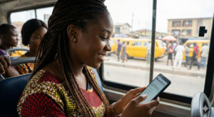 Nigerian user completing an online survey via smartphone.