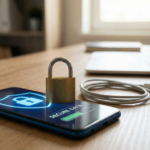 Lock and smartphone icon showing online data protection.