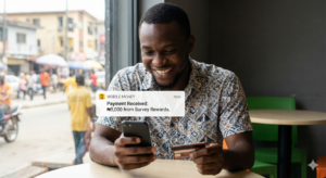 Nigerian user finishing daily tasks for rewards on laptop.