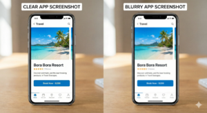 Side-by-side comparison of clear and blurry app screenshots.