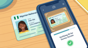 Illustration of ID card beside phone for survey app verification.