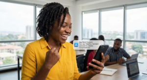 Nigerian tester smiling after app testing review approval.