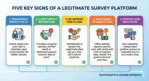 Infographic listing five key signs of a legitimate survey platform.