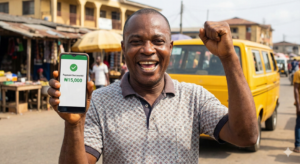 Happy Nigerian showing survey payout received on smartphone.