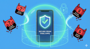 Illustration of secure phone protected from fake survey apps.