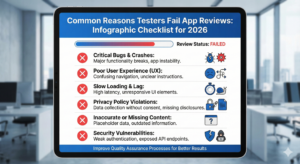 Infographic checklist showing common reasons testers fail app reviews.