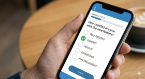 Online survey app interface showing multiple-choice questions.