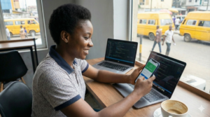 Nigerian app tester checking new app on smartphone.