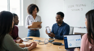 User testing Nigerian budgeting app during market validation.