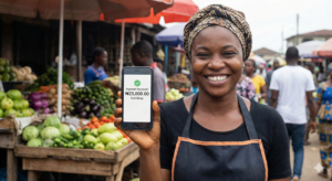 Happy Nigerian user receiving survey payout through mobile transfer.