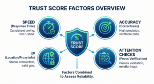 Infographic showing trust score factors (speed, accuracy, IP, attention checks)