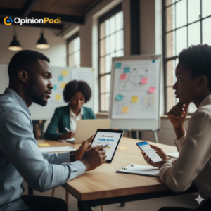 Startup researcher conducting a Nigerian user interview to gather honest feedback.