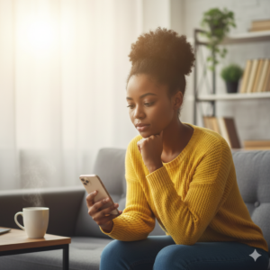 Confident Nigerian survey participant completing surveys with proper attention.