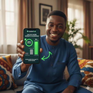 Image showing that a 100% complete profile increases survey availability in Nigeria.