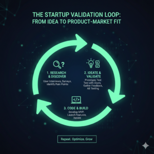 Diagram showing the research, validation, and coding loop for startups.