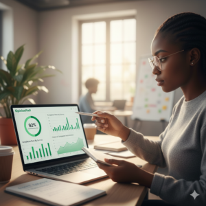 Researcher analyzing survey completion data for Nigerian participants on a laptop.