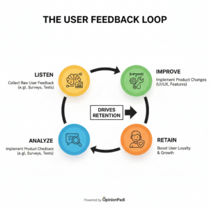 The circular process of using user feedback for startups to improve retention.