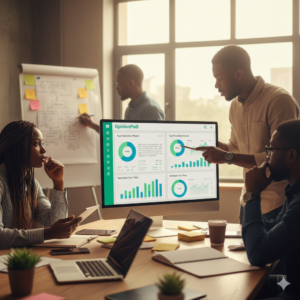 Nigerian startup team in a collaborative meeting analyzing real user feedback.