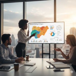 Brand team reviewing survey feedback from multiple Nigerian regions in an office.