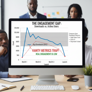 Graph illustrating the gap between high app downloads and low actual user engagement .