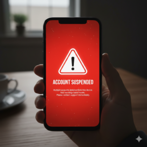 Smartphone with warning symbol indicating account ban.