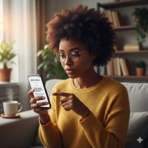 Nigerian user carefully reading instructions on a survey or app.