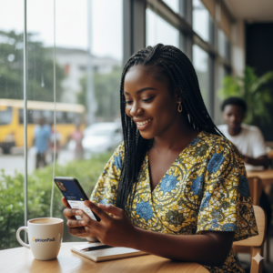 Relatable Nigerian user earning money by completing low-paying surveys on their mobile phone.