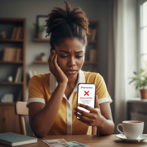 Nigerian participant discouraged after repeated survey rejections on a her phone.