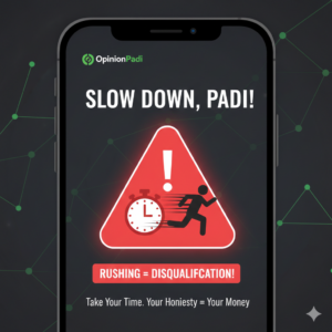 Warning icon showing that rushing leads to survey disqualification in Nigeria.