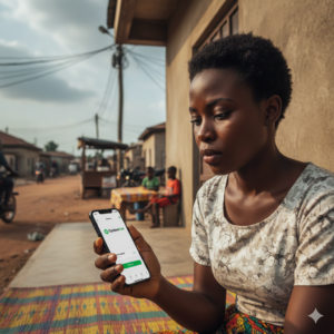Nigerian user in a semi-urban region testing product features on a smartphone.