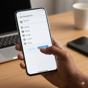 Nigerian survey participant reviewing device settings to avoid account issues.
