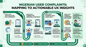 Infographic mapping Nigerian user complaints to actionable UX insights.